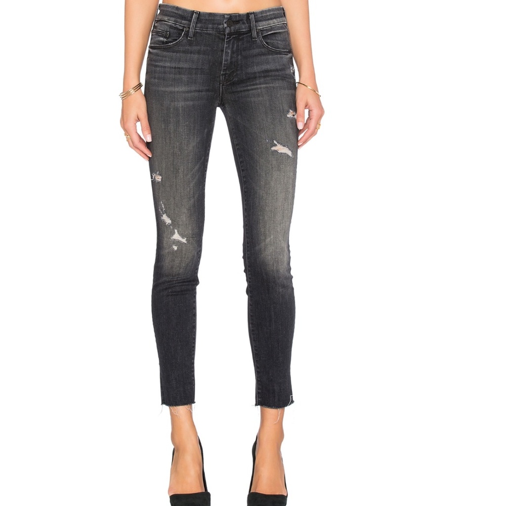 MOTHER The Looker Ankle Fray Crash and Burn Faded Black Skinny Stretch Jeans 28